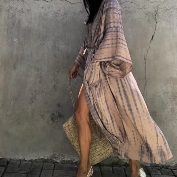 Dusty Pink Tie Dye Boho Swim Coverup Kimono Robe - Picture 2 of 4